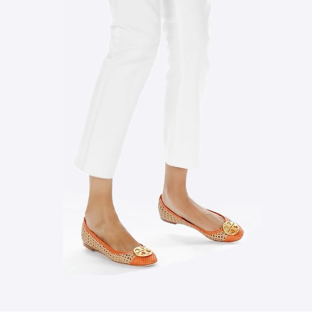 Tory Burch Orange Leather Toe Raffia Reva Ballet Flats with Gold Logo